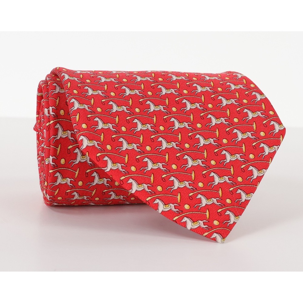 Salvatore Ferragamo Silk Necktie Tie Red Horse Equestrian Novelty Print Italy